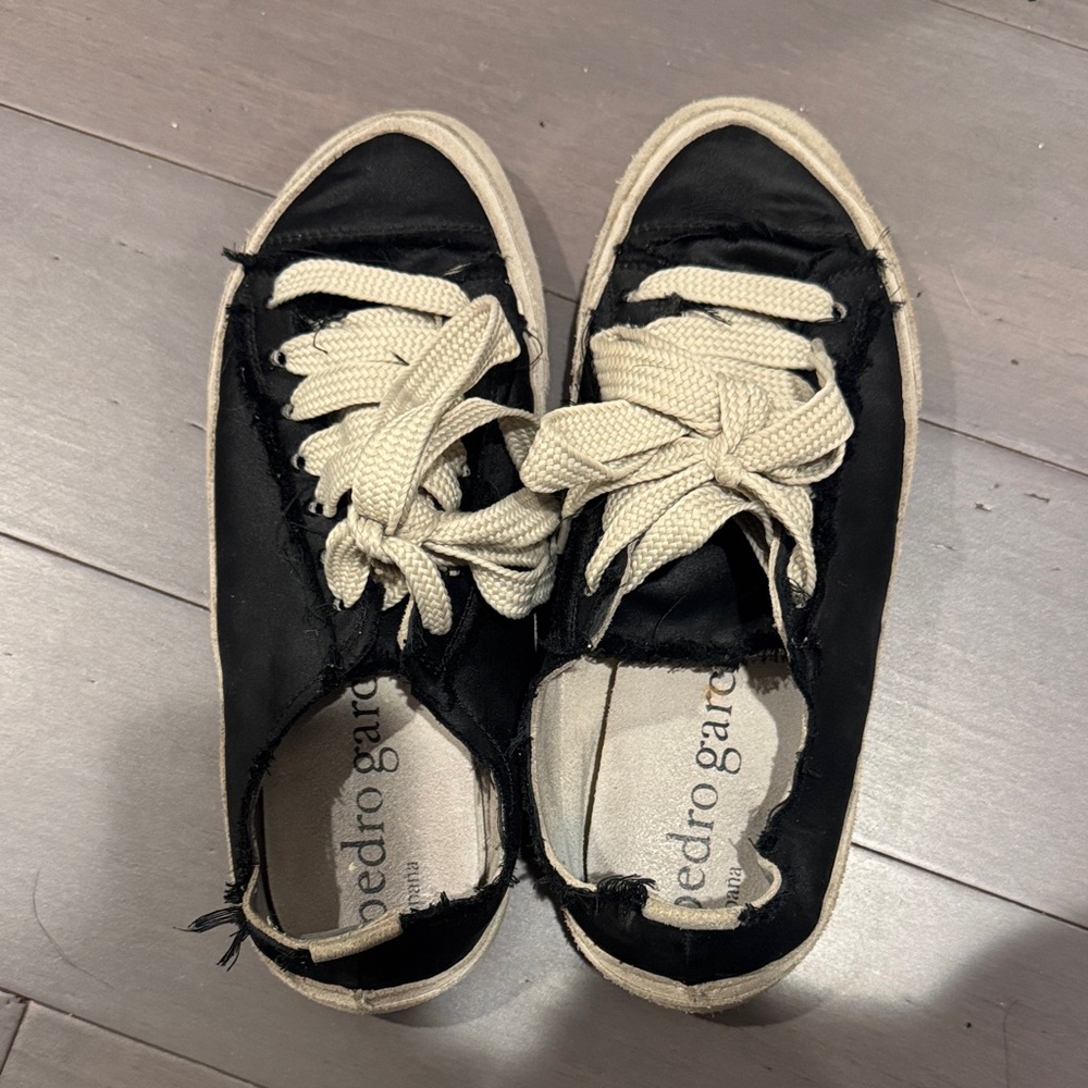 Pedro Garcia Silk Satin Sneakers Frayed Edge Black Lace Up Designer size 38